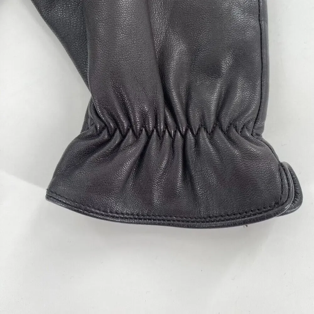 Vintage Womens Leather Gloves Sz L Black Fleece Lined‎ Gathered Wrist
